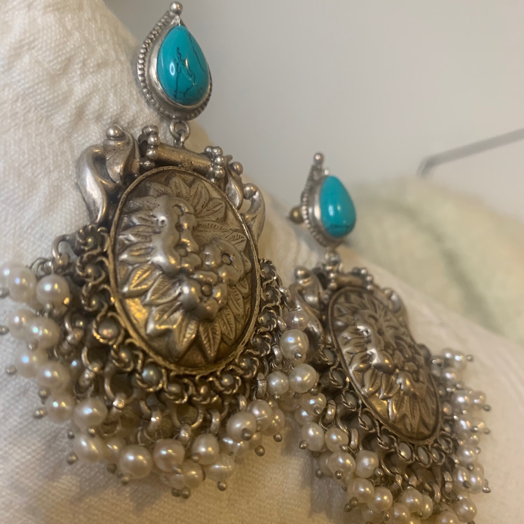 Large Indian Earrings In Silver Turquoise Pearl